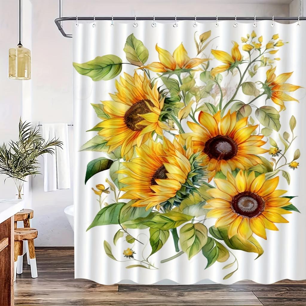 1 Stück Duschvorhang mit Sonnenblumen-Blumenmuster, Elegante High-End-Badezimmerdekoration, Multifunktionaler Polyesterstoff