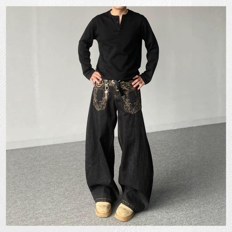 American Style High Street Embroidered Baggy Jeans Men Women Wide Leg Denim Pants
