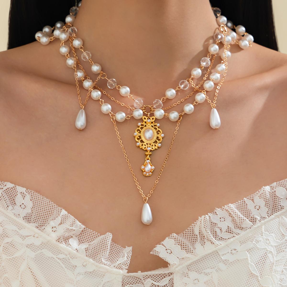 Lacteo Vintage Luxury Water Drop Imitation Pearl Pendant Necklace for Women Elegant Multilayer Beads Chain Choker Jewelry