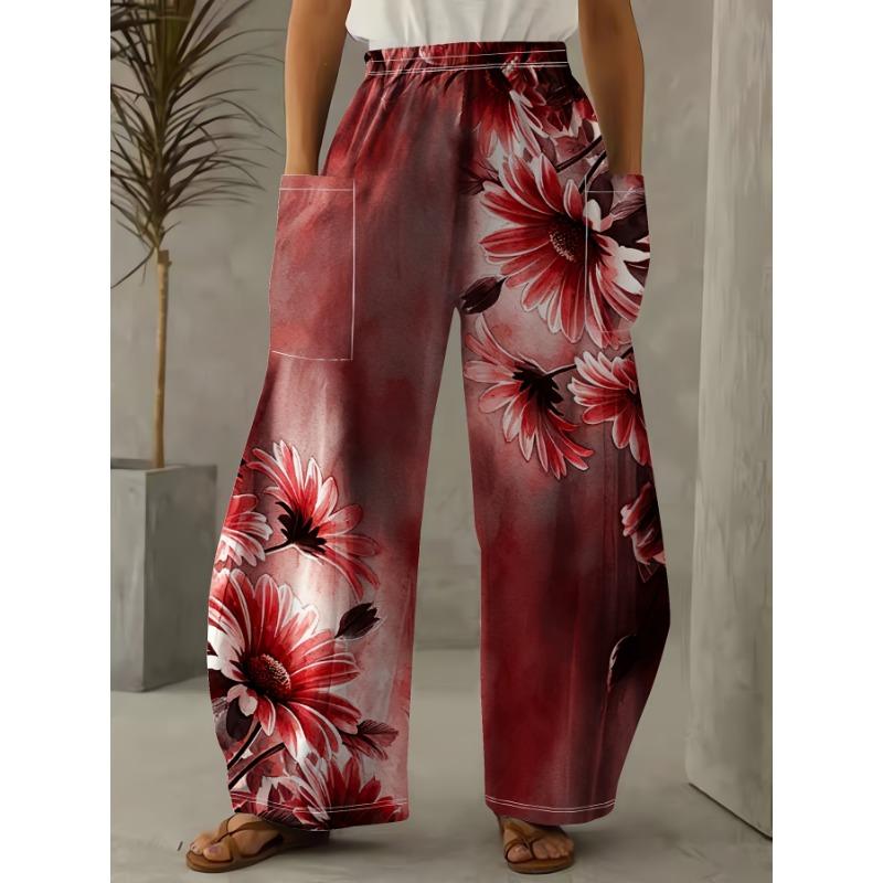 Flower Print Straight Leg Trousers, Casual Everyday Trousers with Elastic Waist