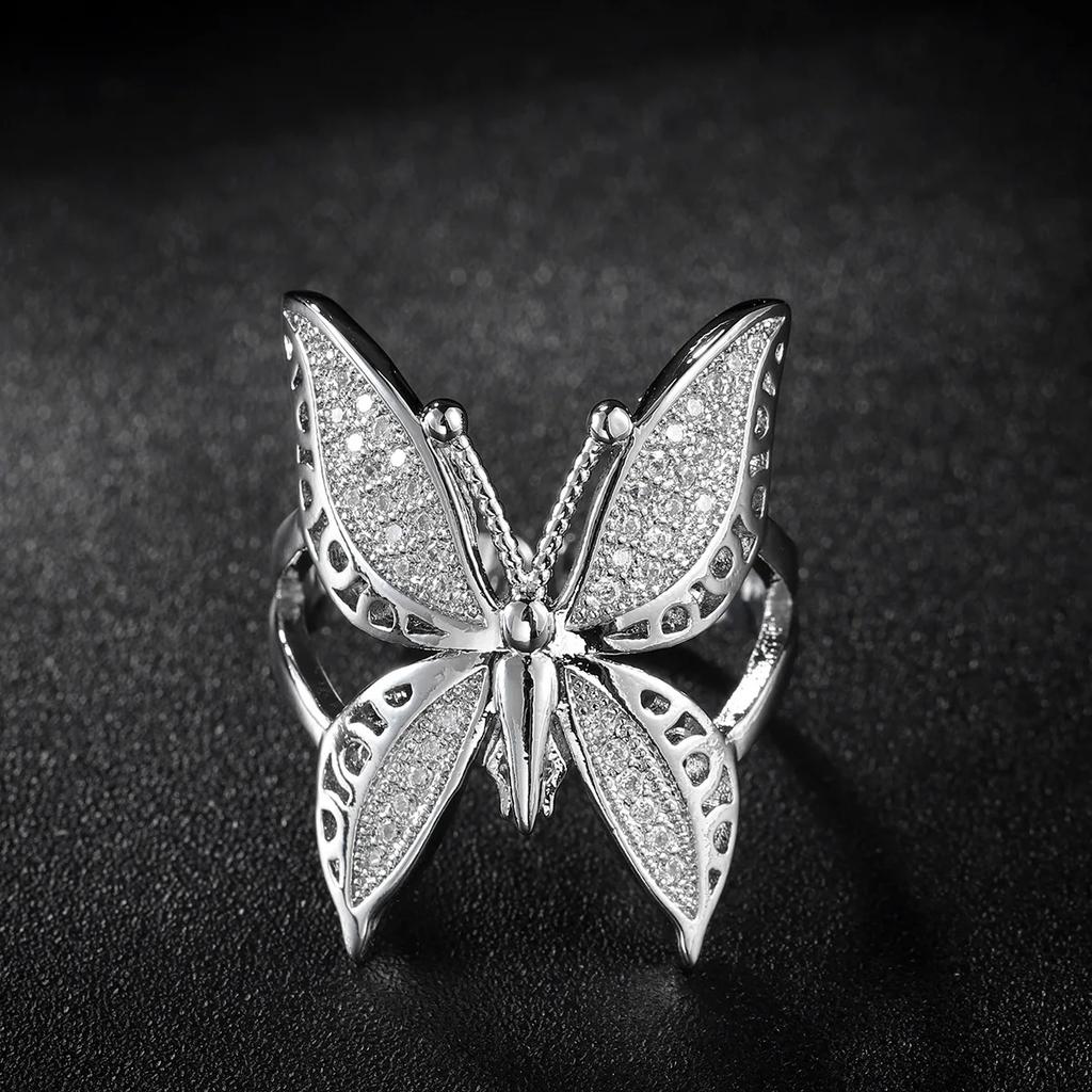 Cute Female Big Butterfly Zircon Stone  Sterling Silver Open Ring Simple Wedding Ring Stamp Love Engagement Sterling Ring