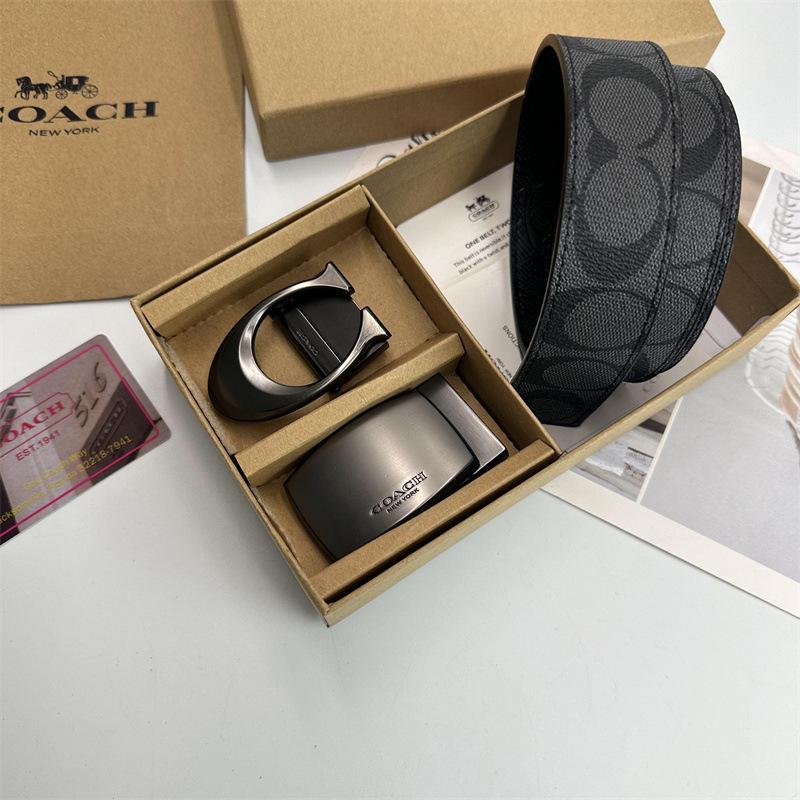 Men's Classic Double Buckle Leather Belt with C Buckle and Fabric Texture - Business Casual Trousers Accessory