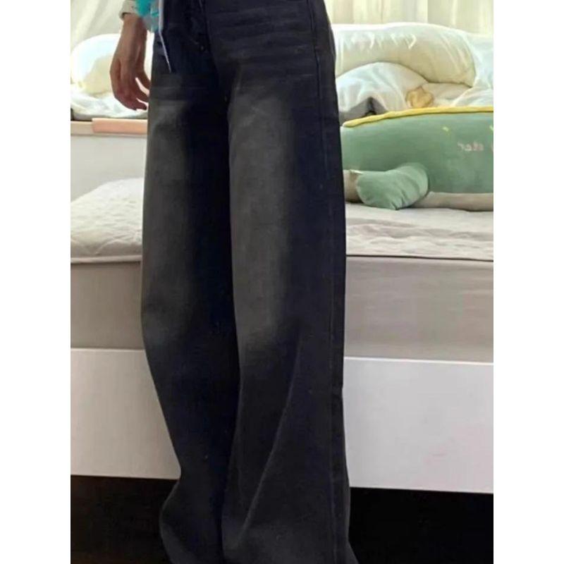 145 Small American Retro Black Gray Jeans Female Fashion High Waist Slimming Wide-Leg Pants Ins Fashion