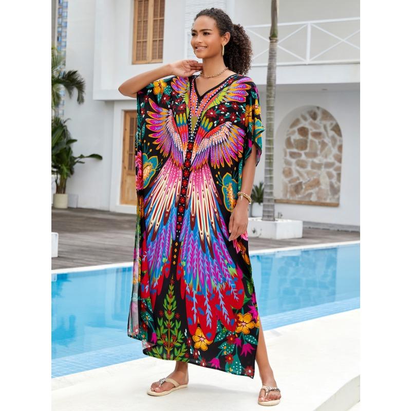 Plus Size Beach Print Dress for Women Bat Sleeve Bikini Suntan Cover Up