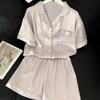 Japanese Ice Silk Short-Sleeved Pajamas Women'S Solid Color Fresh Casual And Comfortable Loungewear Set