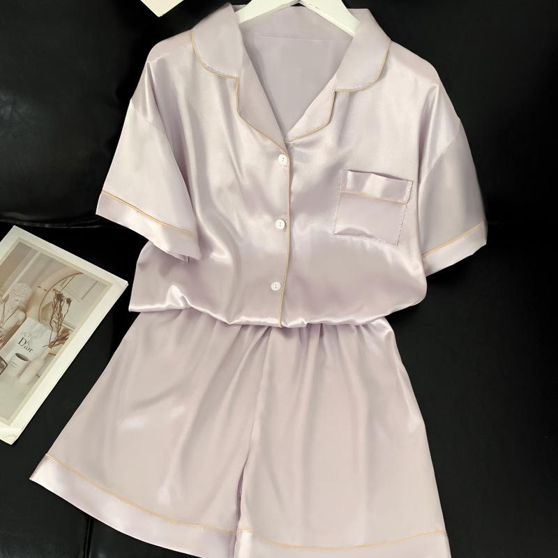 Japanese Ice Silk Short-Sleeved Pajamas Women'S Solid Color Fresh Casual And Comfortable Loungewear Set