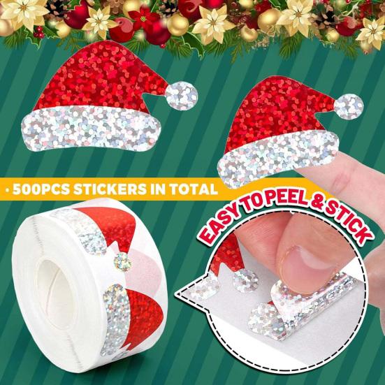 2 Rolls Christmas Hat Stickers 1000 Pcs Glitter Red Santa Hat Stickers Waterproof Self-Adhesive Seal Decals