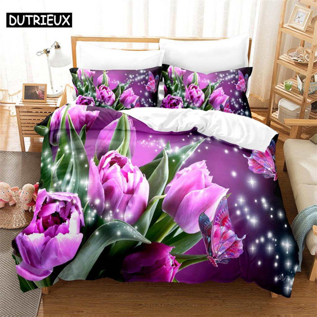 Butterfly Tulip Queen Bedding Set Duvet Cover Kids Bedroom Bed Set Comforter Cover Set King Size Duvet Cover Set Bedding Sets