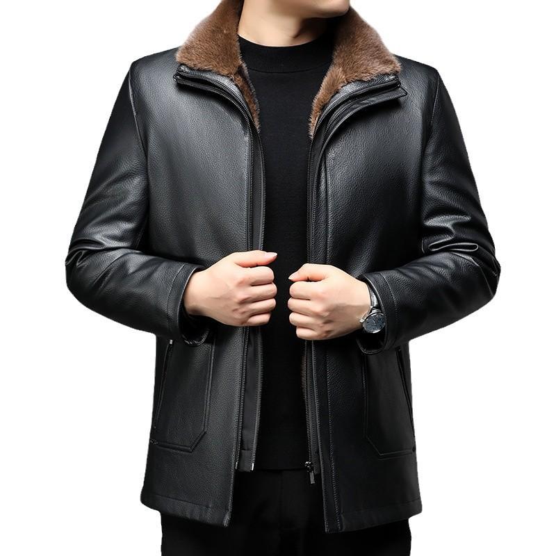 Fur Integrated Sheepskin Men's Dad's Genuine Leather Jacket Men's Mid-length Plus Fleece Leather Jacket