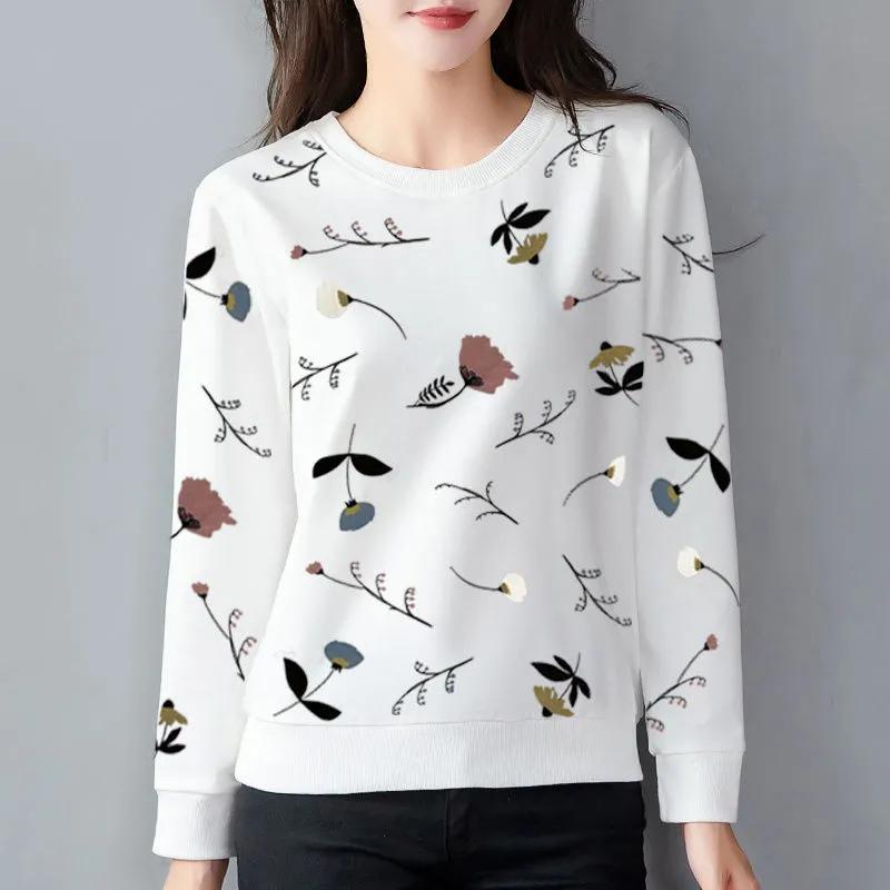 Women's Spring/Fall Long-Sleeve Printed Sweatshirt Round Neck Korean Style Slimming Top