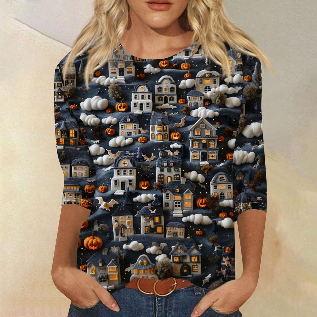 3/4 Sleeve Shirts For Women Cute 3D Halloween Printed Graphic Tees Blouses Casual Plus Size Basic Tops Pullover