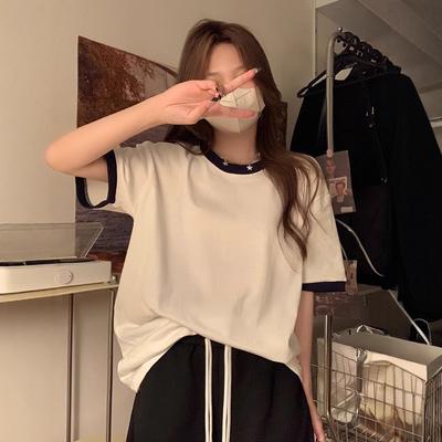 Cotton Short-sleeved T-shirt for Women In Summer New Niche Design Contrast Color Loose Front Shoulder Half-sleeved Slim Top