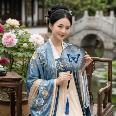 Chinese Style Double Sided Embroidery Fan Semi-Transparent Long Handle Vintage Hand Fan with Tassel Classical Flower Silk Fan