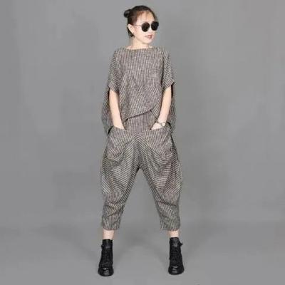 Summer Women Suits Retro Striped Short Sleeve T-Shirt Loose Top Female Casual Trousers Two Piece Sets