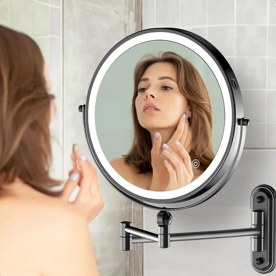 

9 Настенное зеркало для макияжа с подсветкой 4000 мАч Перезаряжаемое Двустороннее Светодиодное Зеркало для макияжа с регулируемой высотой 1X 10X Увеличение United States