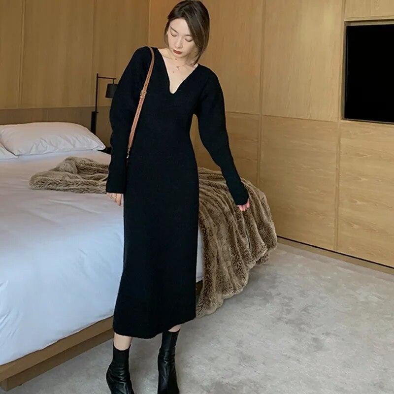 Elegant lang hvit strikkekjole kvinner vinter V-hals langermet bodycon kjole koreansk kontordame høy midje vintage kjole