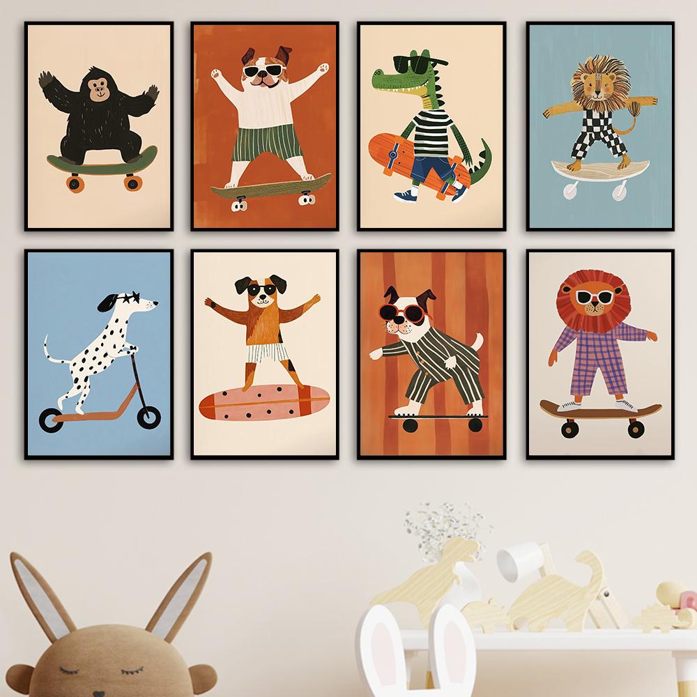 Funny Animals Cool Lion Dog Scooter Gorilla Skateboard Posters Prints Wall Art Canvas Nursery Pictures for Baby Kids Room Decor
