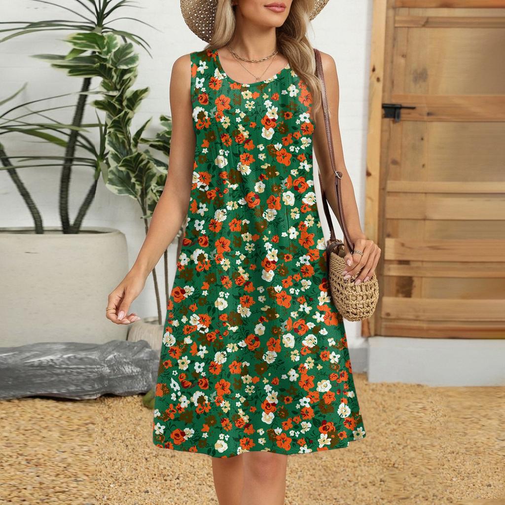 Women's Casual Fashion Breathable Flower Printed Vest Dress With Pockets