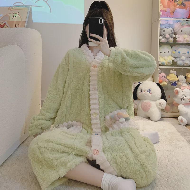 Cardigan de pluș cu decolteu în V, cămașă de noapte, pijamale pentru femei de mărime mare - îmbrăcăminte caldă din lână coral pentru toamnă și iarnă