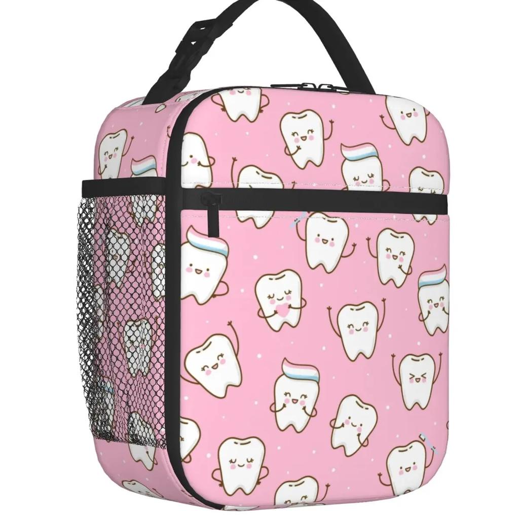 Kawaii Teeth  Pattern Insulated Lunch Bag for Women Portable Tooth Thermal Cooler Bento Box Office Picnic Travel
