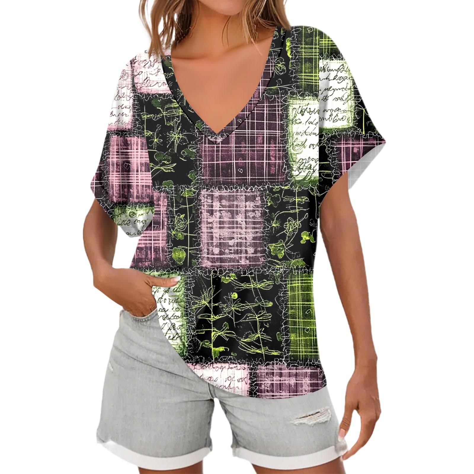 

Женские рубашки с коротким рукавом и V-образным вырезом, с цветочным принтом, свободные повседневные футболки, летние топы XL фиолетовый