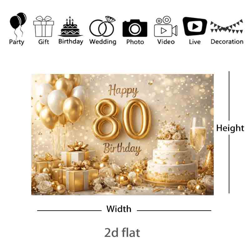 Luxury White Gold 80th Birthday Photography Backdrop Foil Number Balloon Cake Champagne Gift Box 80th Anniversary Party