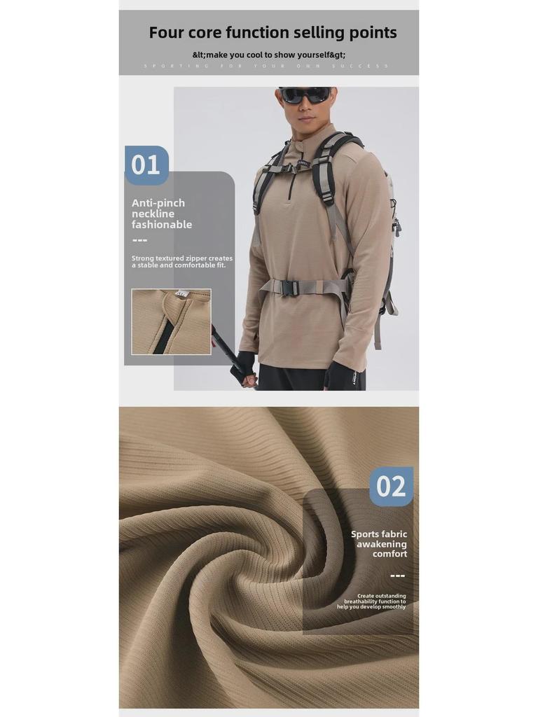 Dijia Men's Quick-Dry Running Pullover: Long-Sleeve, Stand-Up Collar, Half-Zip, Finger Protection for Fitness Training.