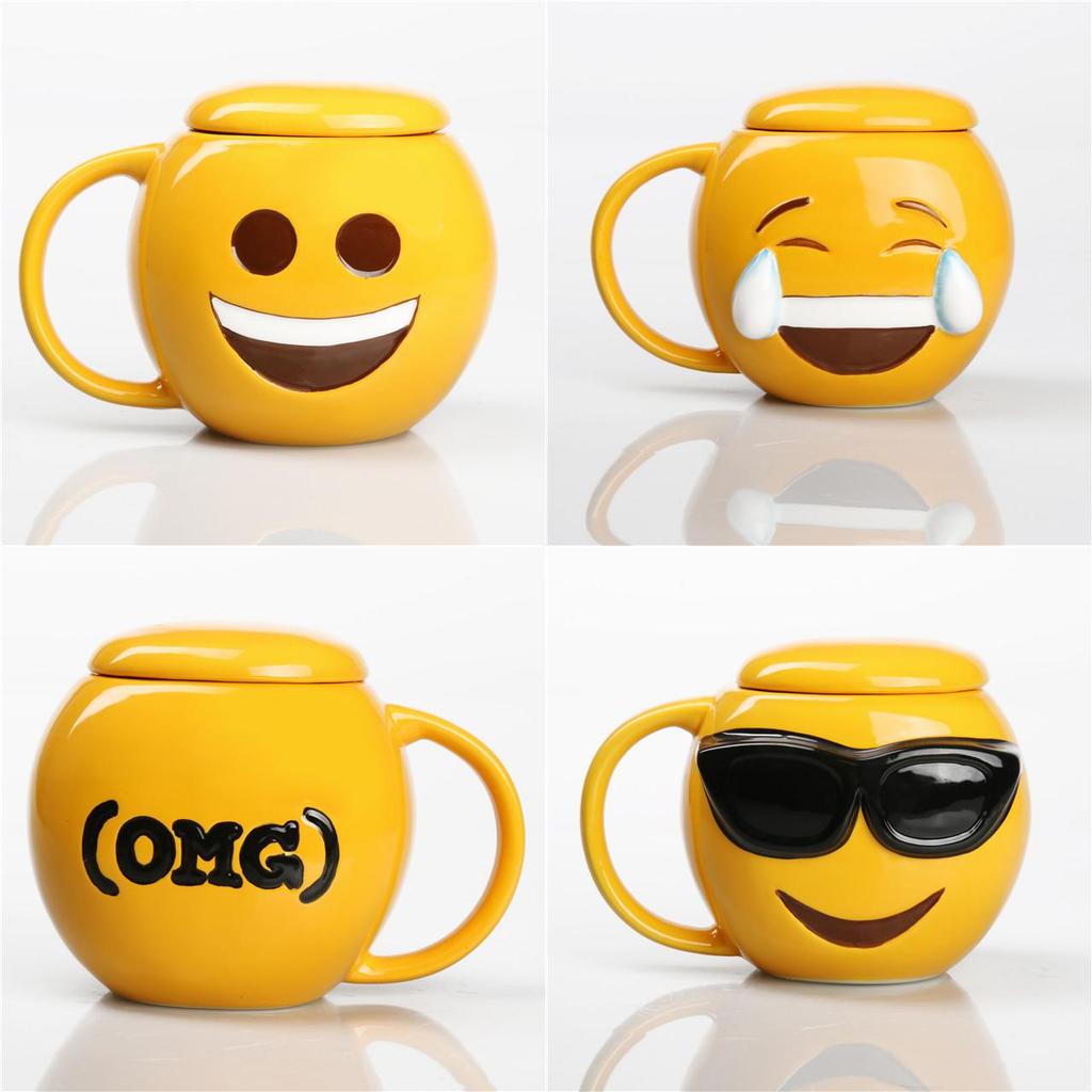 Kreslený Emoji Keramický Hrnek s Usmívající se Tváří a Víčkem pro Kancelářské Použití