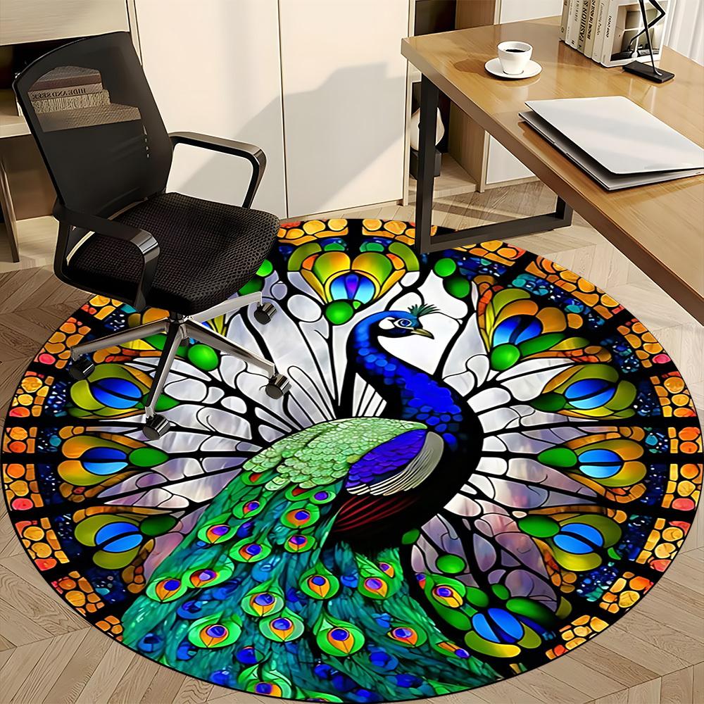 1pc Stained Glass Peacock Chair Carpet for Office Non-Slip, Machine Washable Rug for Office, Room - Holiday Decor, Machine Made yy251016184