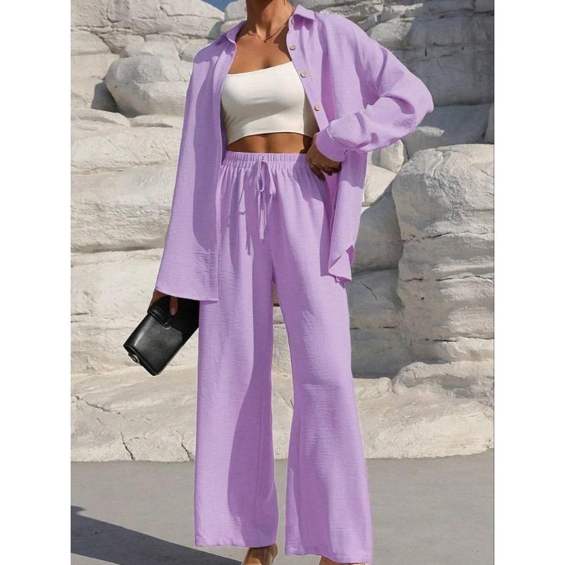 Women's Fashion Solid Color Collar Button Long Sleeve Top Elastic Waist Straight Pants Casual Set