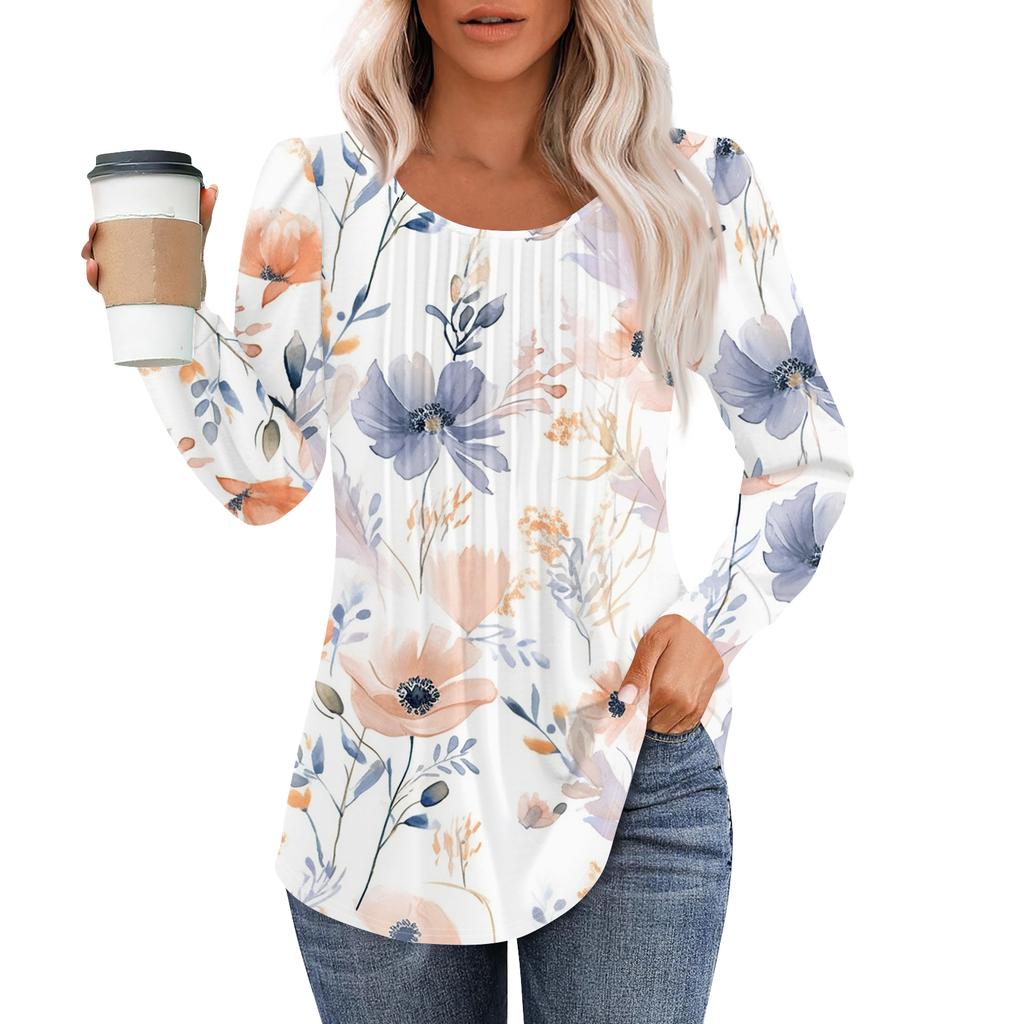 Women's Fashion Casual Pleated Round Neck Vintage Floral Print Long Sleeve T,Shirt Top