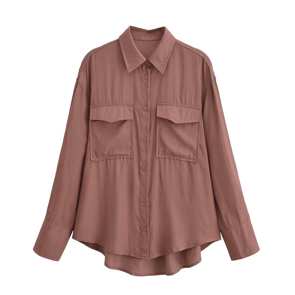 

Женская двухцветная рубашка свободного кроя, Осень/Зима 2024, отложной воротник, длинный рукав, однобортная. Large кирпич красный