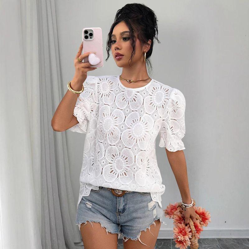 

Модный стиль Летняя женская милая футболка с коротким рукавом Женский отпускной стиль Маленькая рубашка с вырезами Кружевной пуловер Кружевная рубашка Топ White 2XL