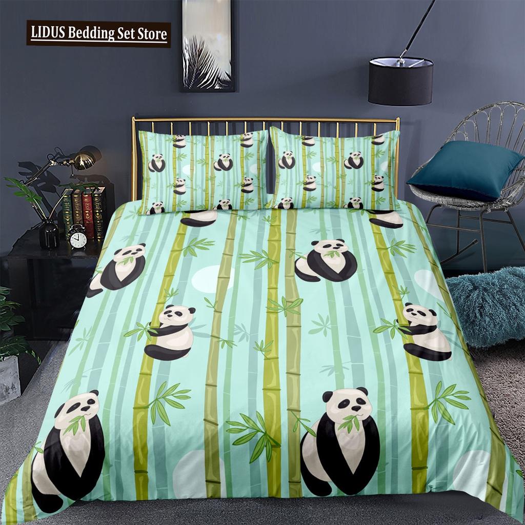 Panda Duvet Cover Set Cartoon Style Cute Kawaii Bear Drawing Comforter Cover For Kids Polyester Bedding Set King Queen Full Size