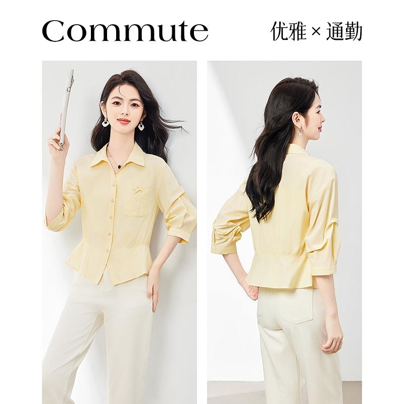 Relaxing commuting collar and waist cinching simple shirt