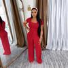 TW730 Summer Fashion Solid Color Square Neck Top & High Waist Wide Leg Pants Set