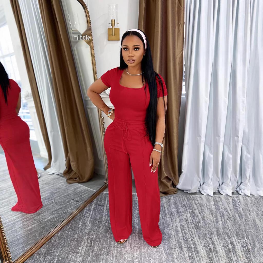 TW730 Summer Fashion Solid Color Square Neck Top & High Waist Wide Leg Pants Set