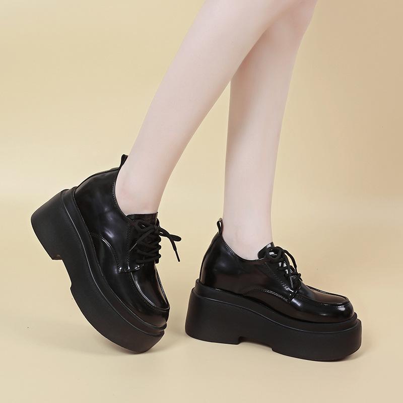 Heightened loafers women's spring 2025 new muffin platform super high heel small lace-up British small leather shoes