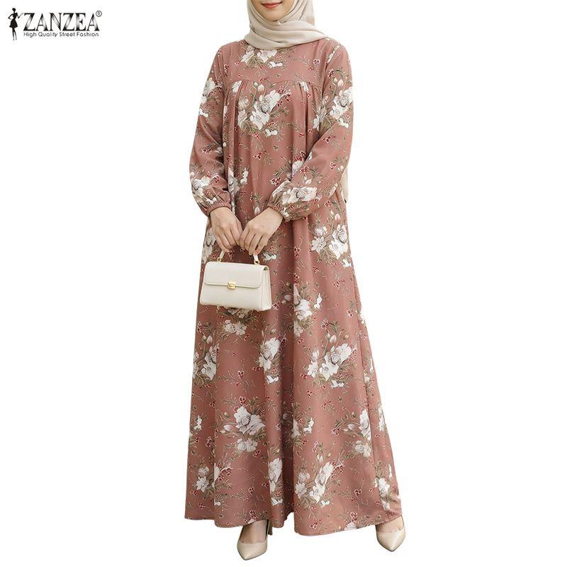 ZANZEA Women Casual Round Neck Loose Long Sleeve Print Long Dress