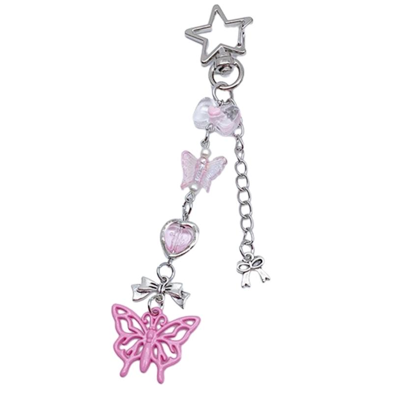 Butterfly Beaded Phone Lanyard Bowknot Pendant Wrist Strap Detachable Phone Chains Keyring Portable Accessory for Women