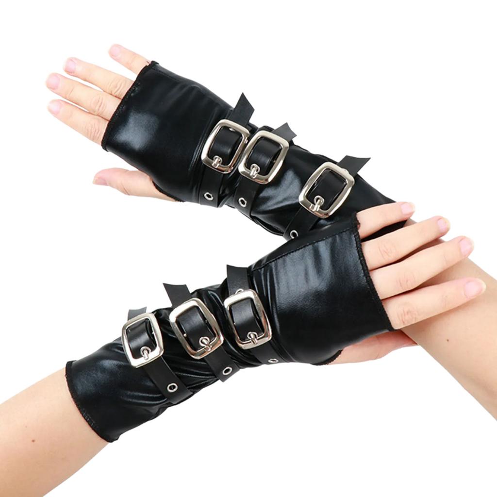 Aesthetic Party Gloves Stylish Metal Buckles Comfortable PU Leather Arm Gloves for Women Men Daily and Evening Party