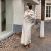 Korean Style Women's Knit Top & High Waist Skirt Set with Buttoned Waist-cinching and Loose High Neck Design