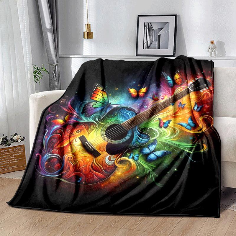 1pc Guitar Butterfly Printing Lightweight Flannel Blanket, Comfortable and Warm Blanket, for Camping Sofa Bed and Couch Office, in All Seasons