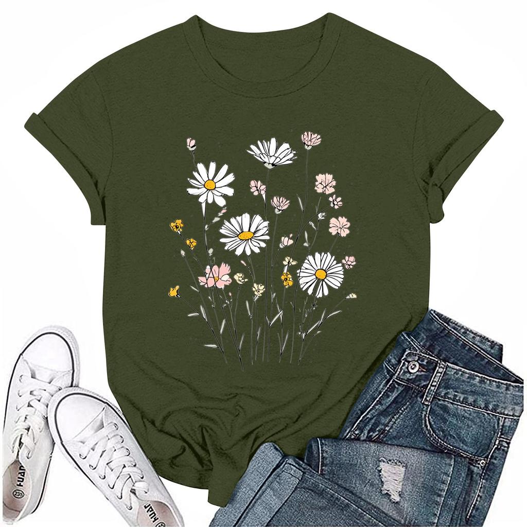 Women's Fashion Casual Printed Round Neck Short Sleeved T-Shirt Top T-Shirt Top Top