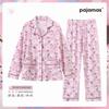 Womens Long Sleeve Pajama Set Faux Cotton Loungewear Ladies Thin Breathable Sleepwear Casual Home Wear