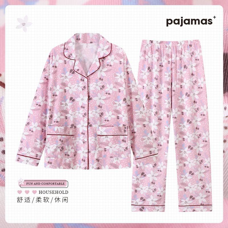 Womens Long Sleeve Pajama Set Faux Cotton Loungewear Ladies Thin Breathable Sleepwear Casual Home Wear
