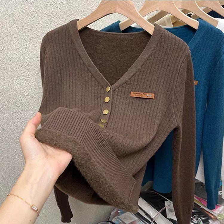 

Thicken Velvet V-neck Sweater Women Korean Fashion Lined Warm Sueter Knitted Pullover Slim Top Winter Jersey Knitwear XS темный кофе