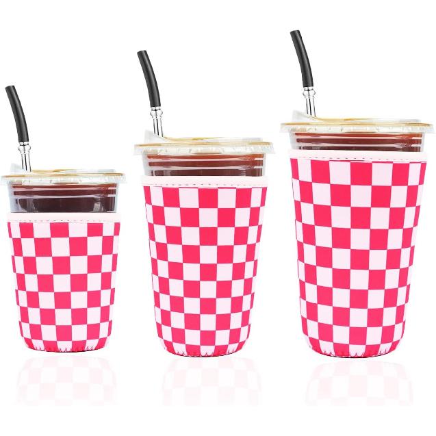 Reble Ulated Neoprene Iced Coffee Cup Sleeve, Durable Drink Sleeve for Cold Beverages, Beverage Holder for Iced Coffee, Floral Checkers