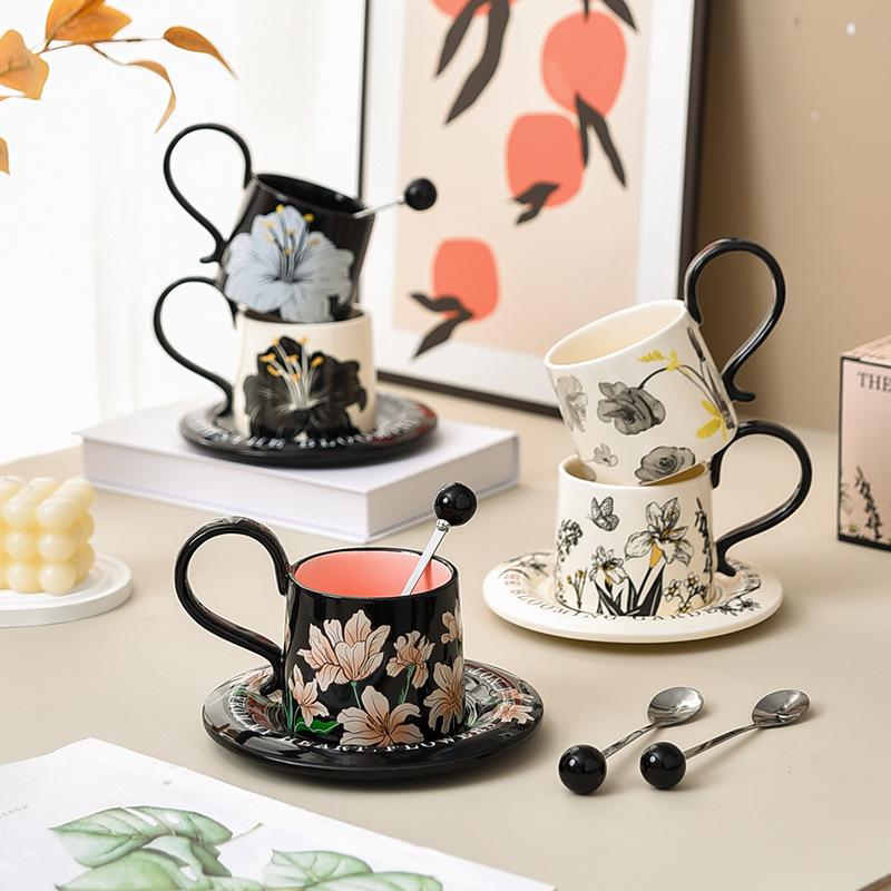 High ear Coffee Cup Saucer Set Gift Box for Women's High quality Ceramic High end Light Luxury Exquisite Afternoon Tea Cup with Spoon