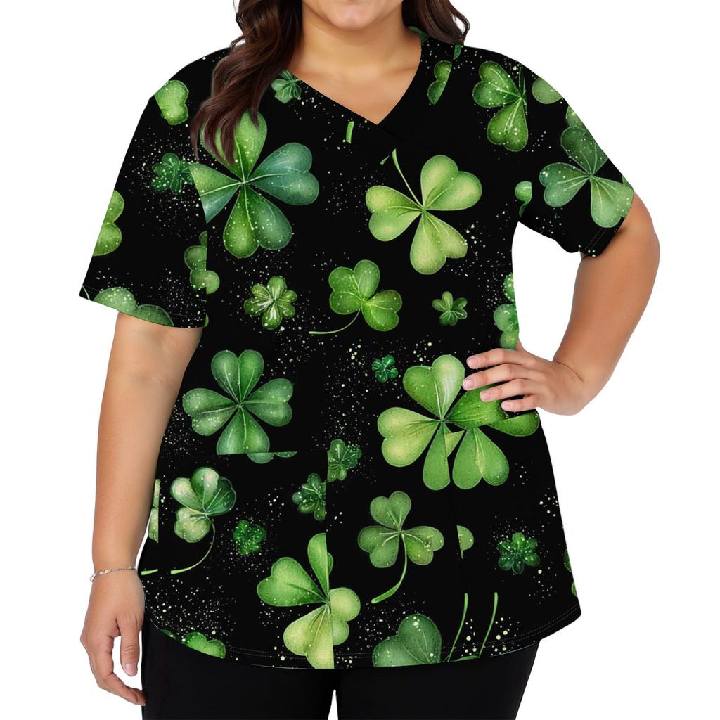 Women's Fashion V-neck Short Sleeve Workwear With Pockets Printed Tops